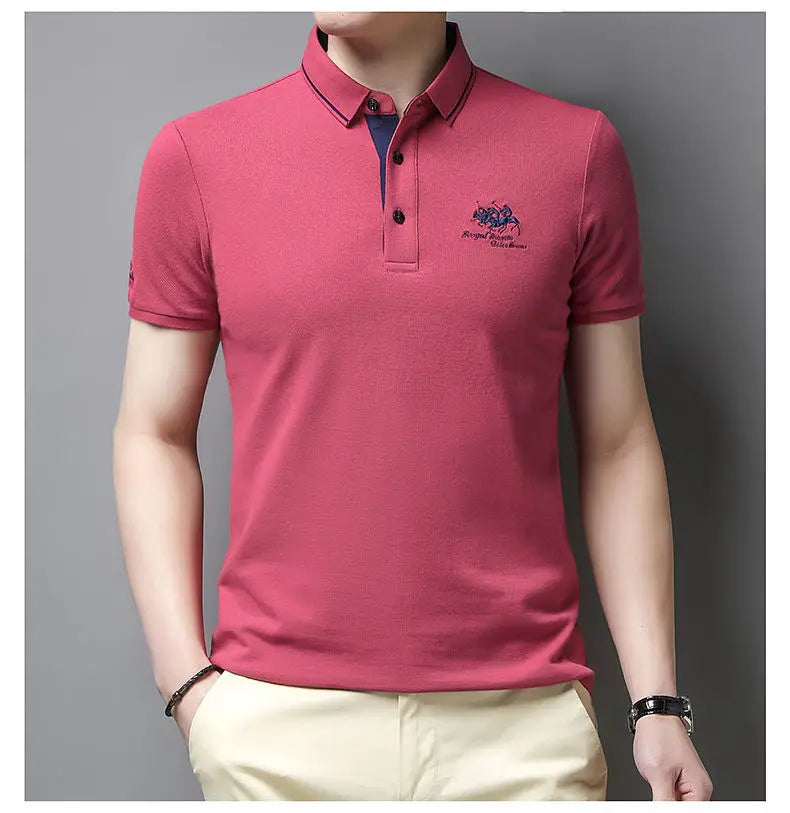 Camisa polo masculina: bordada, em algodão de luxo, casual com lapela e manga curta