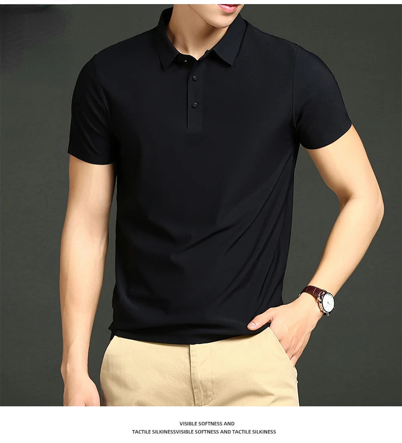 Camisa polo masculina de malha fina: elástica, respirável, polo com lapela casual