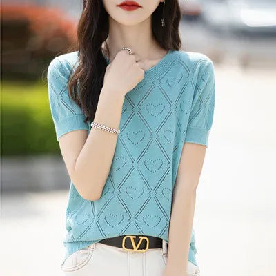 New Summer Fashion 100% Pure Cotton Women's Sweater Short sleeved Casual O-neck Pullover T-shirt Loose Knitted Hollow Top