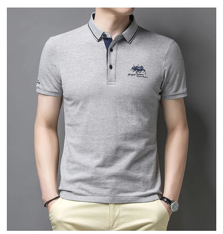 Camisa polo masculina: bordada, em algodão de luxo, casual com lapela e manga curta