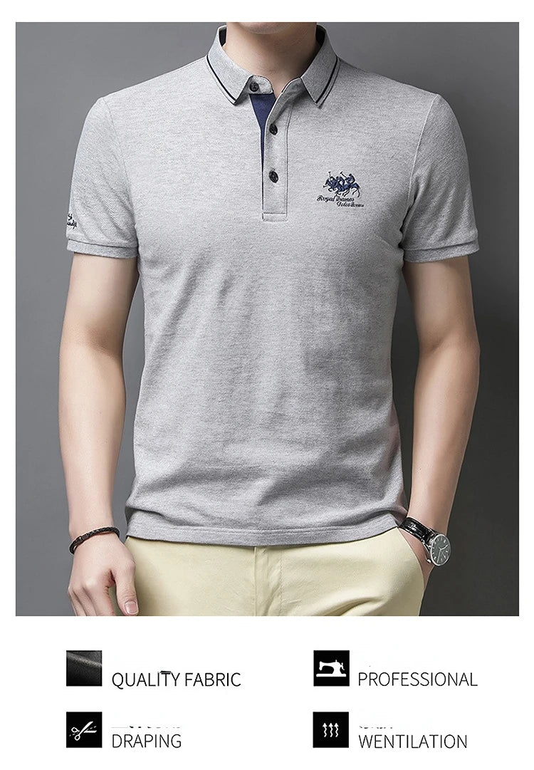 Camisa polo masculina: bordada, em algodão de luxo, casual com lapela e manga curta