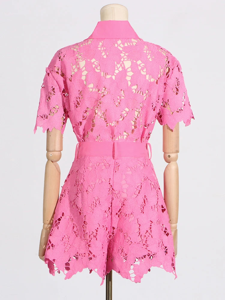VGH Solid Two Piece Sets For Women Lapel Short Sleeve Spliced Single Breasted Shirts High Waist Shorts Hollow Out Set Female New