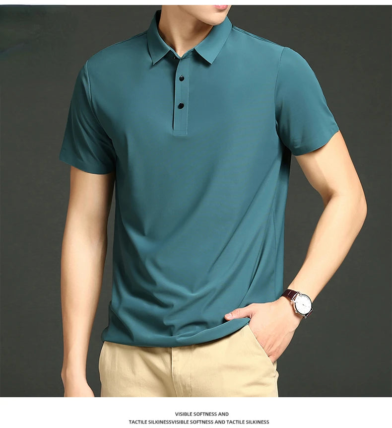 Camisa polo masculina de malha fina: elástica, respirável, polo com lapela casual