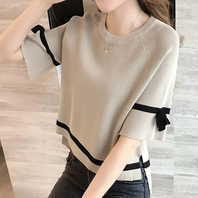 Oversize Knit Women Three Quarter T-Shirt Top Summer Causal Elegant Short Sleeve Camisetas Korean Fashion Loose Knitwear Tee New