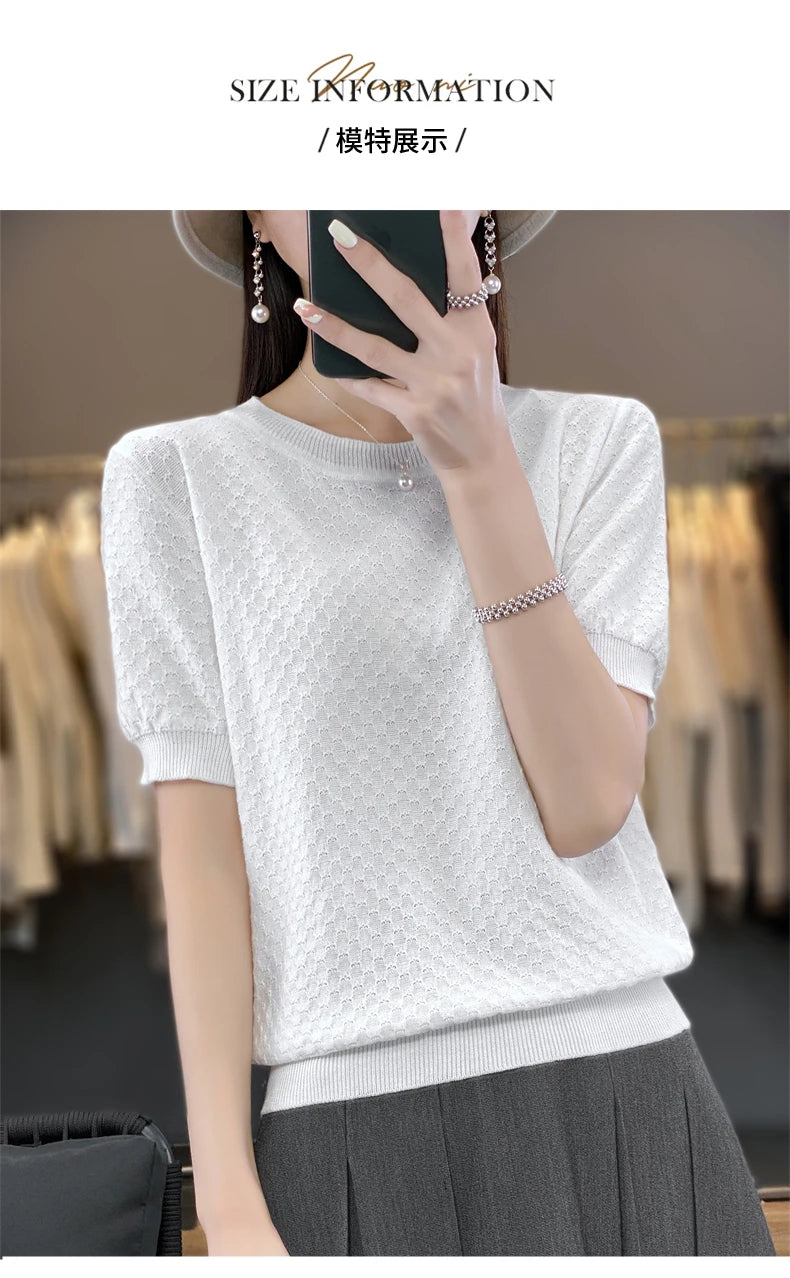 Pure Cotton Hollow Short-Sleeved Ladies Spring And Summer Loose Slim New Joker Knit Bottoming T-Shirt