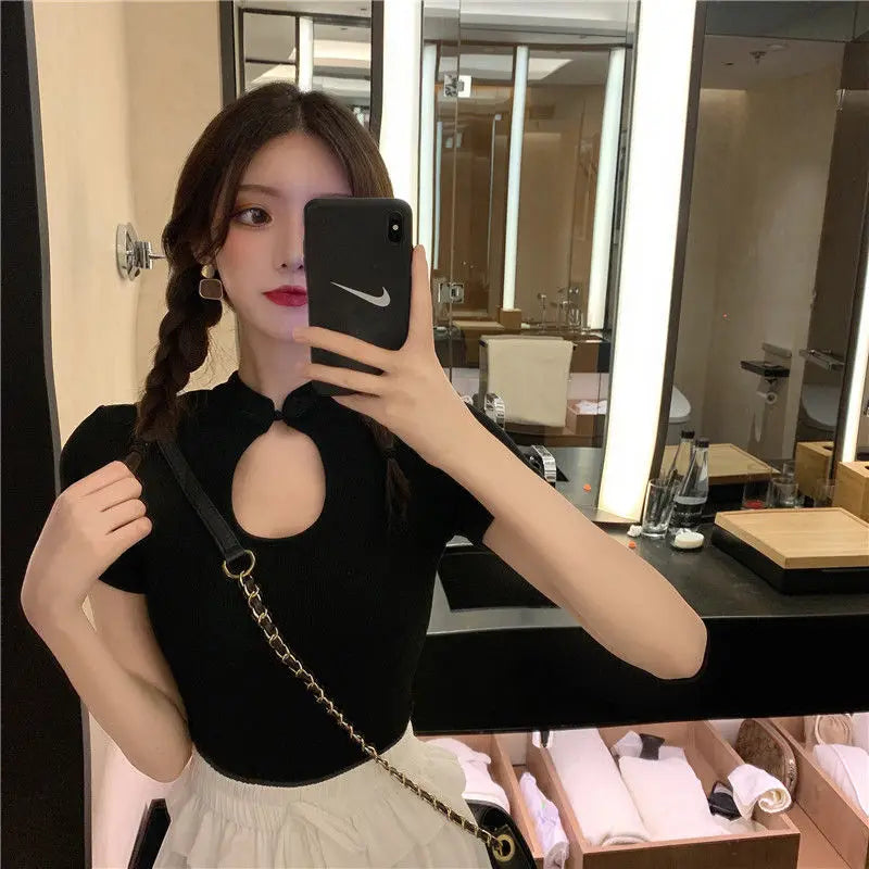 Summer Casual Black Women T-shirts Harajuku Short Sleeve Crop Top T Shirt Hollow Out Sexy Tee Shirt