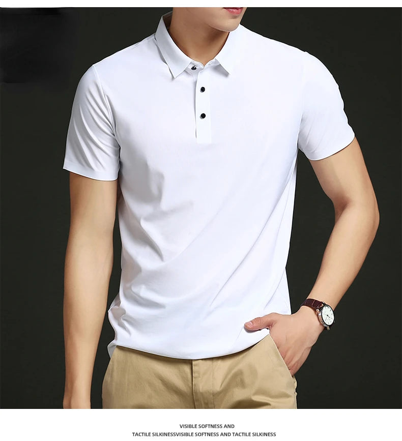 Camisa polo masculina de malha fina: elástica, respirável, polo com lapela casual