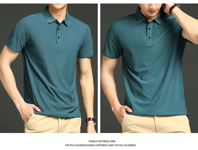 Camisa polo masculina de malha fina: elástica, respirável, polo com lapela casual