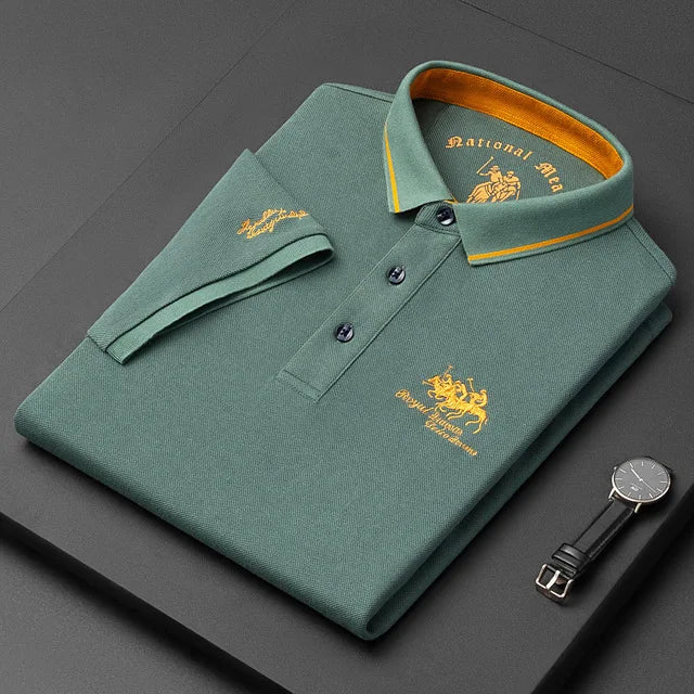 Camisa polo masculina: bordada, em algodão de luxo, casual com lapela e manga curta
