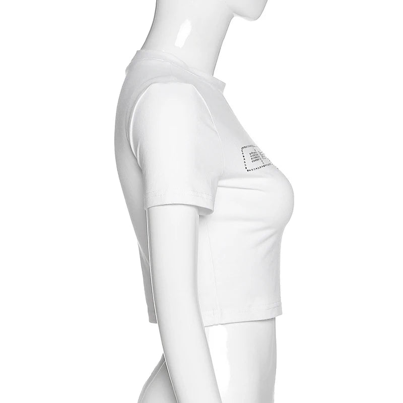 Y2K Women Backless Hollow Out T Shirt Sexy Bandage Crop Tops O-neck Tshirt Black Streetwear Short Sleeve Slim Bodycon T-shirt