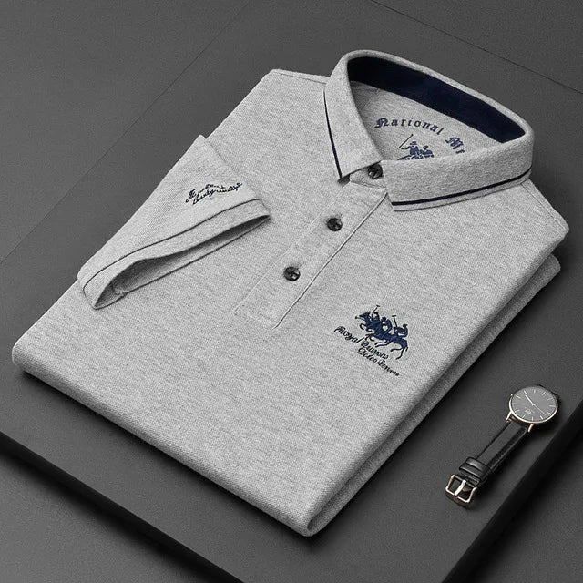 Camisa polo masculina: bordada, em algodão de luxo, casual com lapela e manga curta