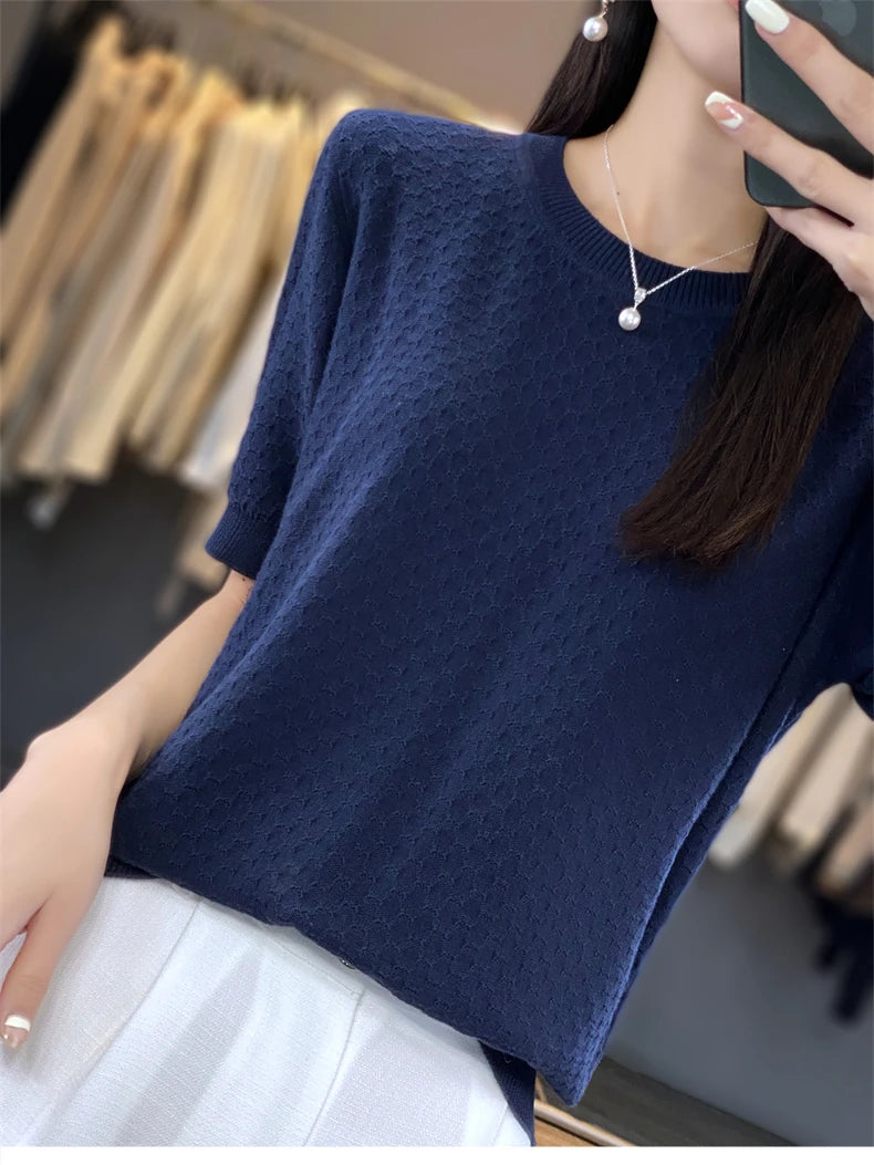 Pure Cotton Hollow Short-Sleeved Ladies Spring And Summer Loose Slim New Joker Knit Bottoming T-Shirt