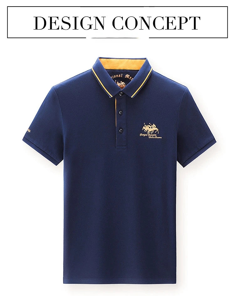 Camisa polo masculina: bordada, em algodão de luxo, casual com lapela e manga curta