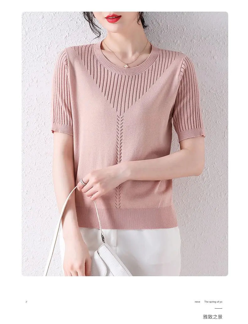 Summer Casual Fashion Hollow Out Solid Color Knitting T-shirt Ladies Short Sleeve Loose All-match Tee Women Simple Pullover Top