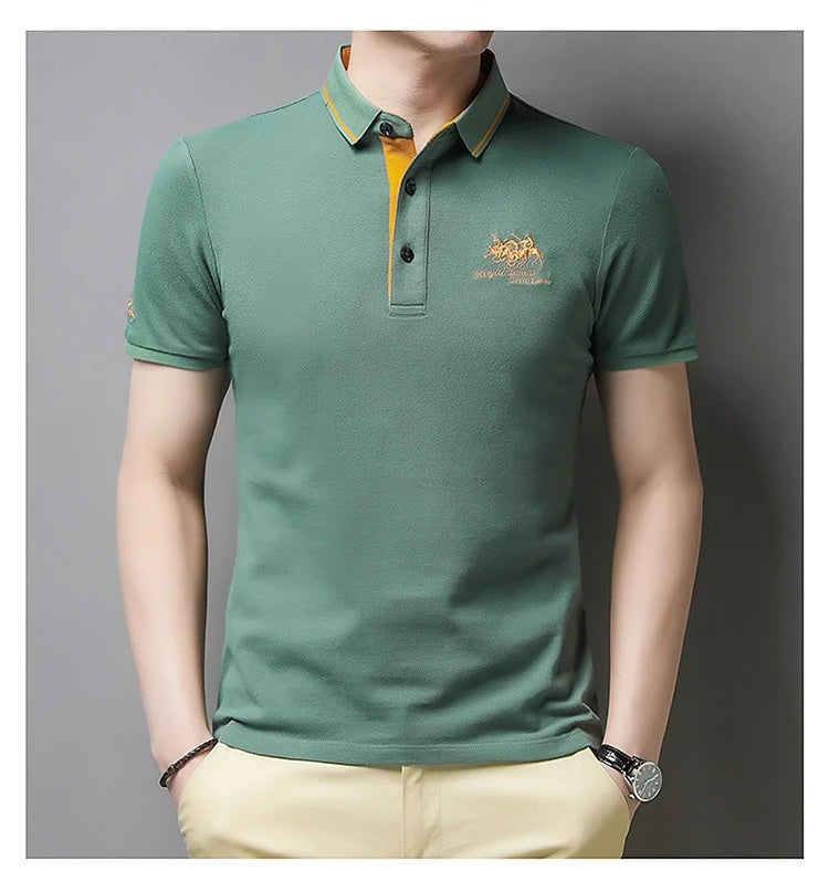 Camisa polo masculina: bordada, em algodão de luxo, casual com lapela e manga curta
