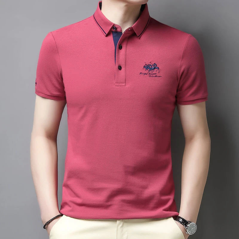 Camisa polo masculina: bordada, em algodão de luxo, casual com lapela e manga curta