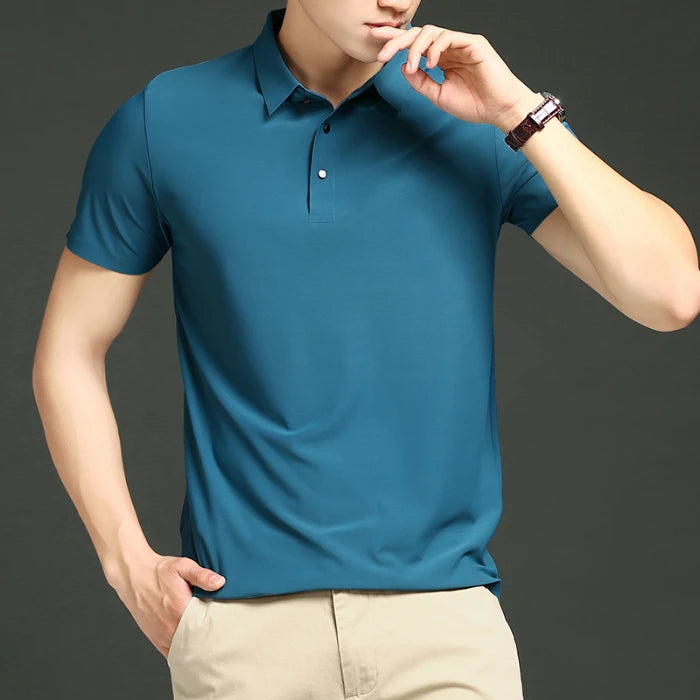 Camisa polo masculina de malha fina: elástica, respirável, polo com lapela casual