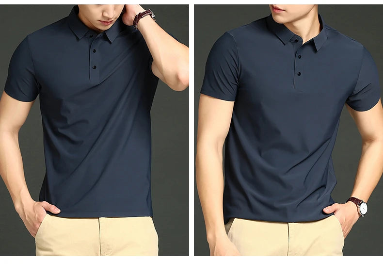 Camisa polo masculina de malha fina: elástica, respirável, polo com lapela casual