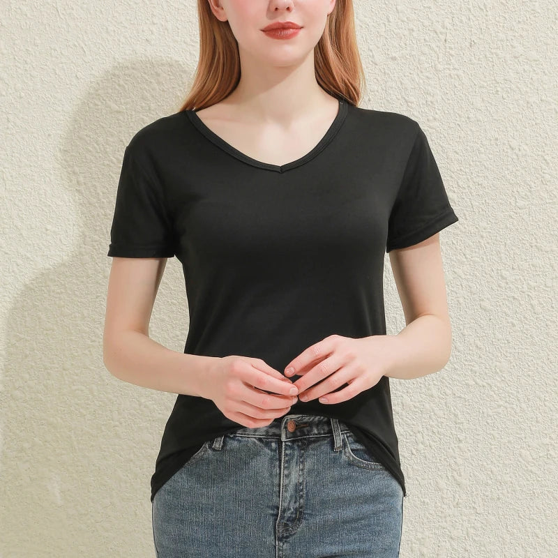 Solid Women Cotton T-shirt V-Neck Short Sleeve Female Tee Slim White And Balck T-Shirt Casual Solid Lady Tshirt Tops