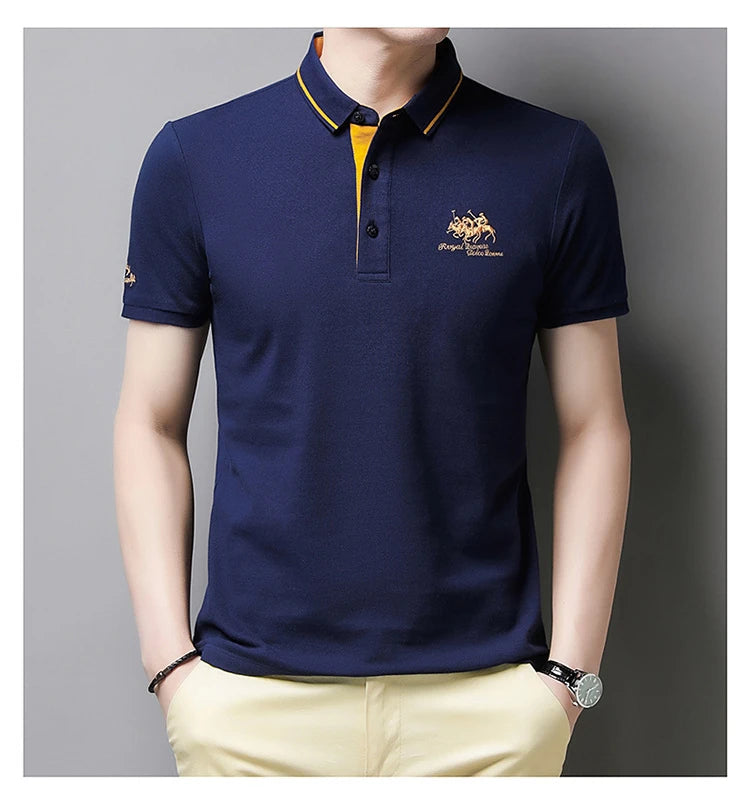 Camisa polo masculina: bordada, em algodão de luxo, casual com lapela e manga curta