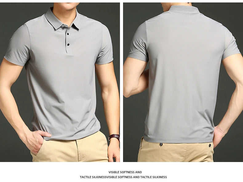 Camisa polo masculina de malha fina: elástica, respirável, polo com lapela casual