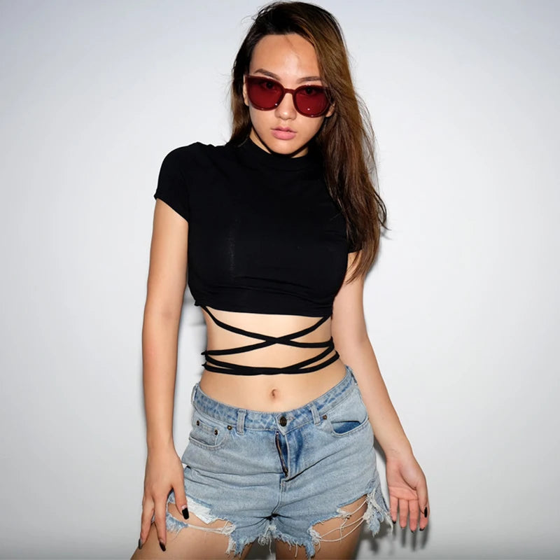 Y2K Women Backless Hollow Out T Shirt Sexy Bandage Crop Tops O-neck Tshirt Black Streetwear Short Sleeve Slim Bodycon T-shirt