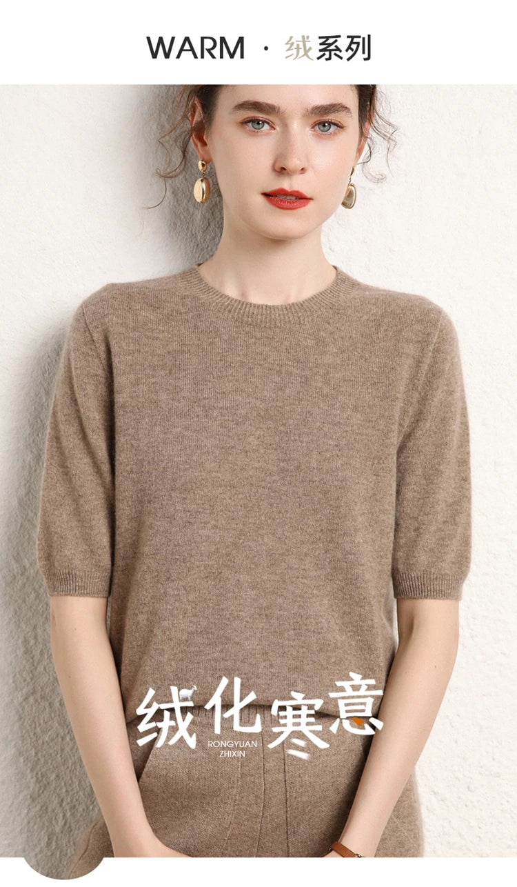 100% cashmere women's sweater short sleeved knitted O-neck five quarter sleeve fashionable hot selling women's T-shirt