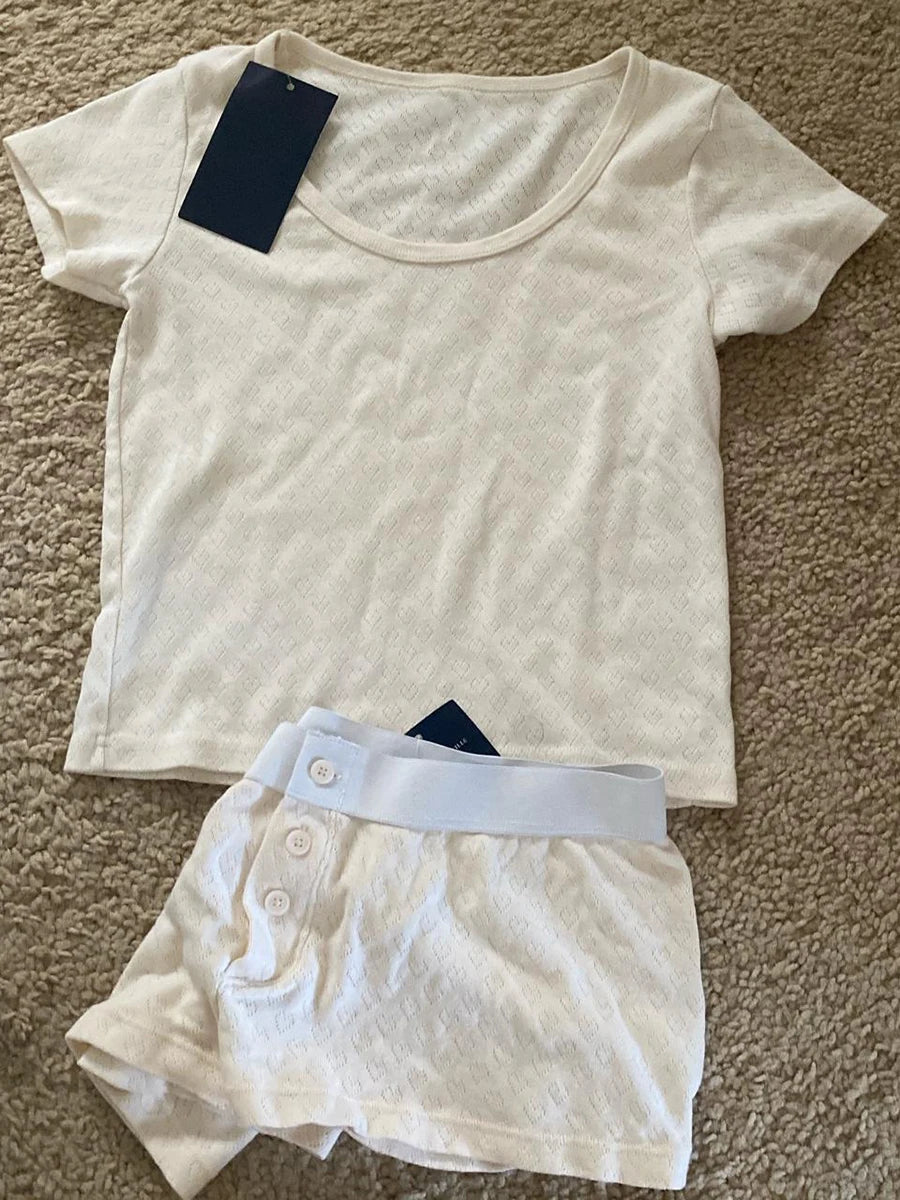 Stripes T-shirt Shorts 2 Pieces Sets Summer Short Sleeve Slim Three Buttons Crop Top Elastic Short Pant for Woman Sweet Y2k Set