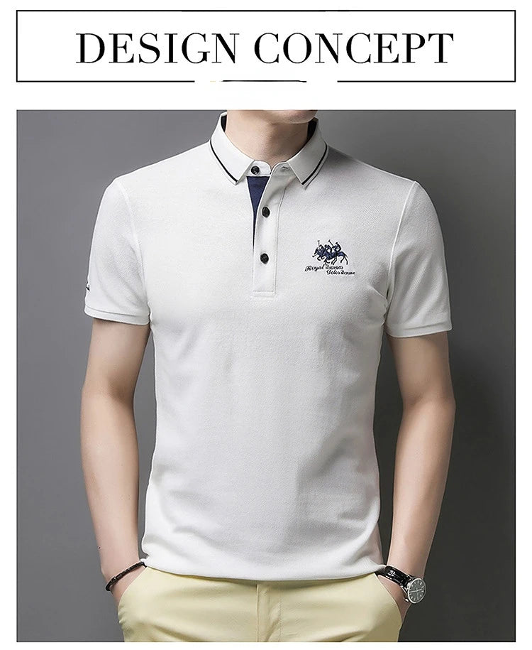 Camisa polo masculina: bordada, em algodão de luxo, casual com lapela e manga curta