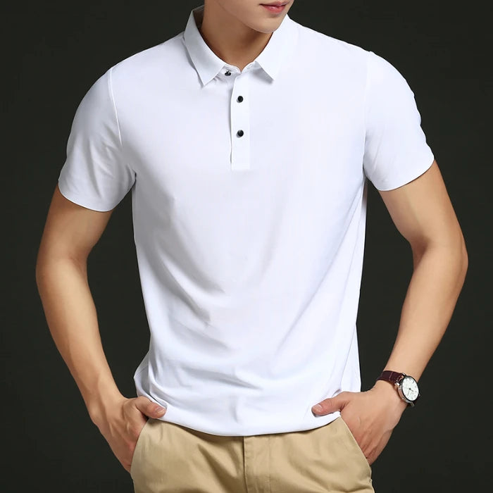 Camisa polo masculina de malha fina: elástica, respirável, polo com lapela casual