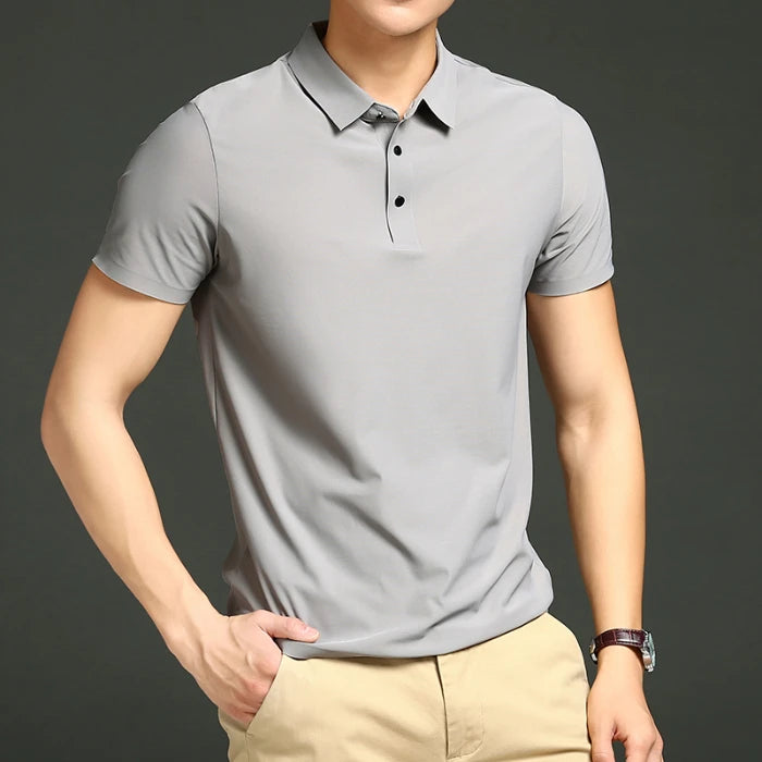 Camisa polo masculina de malha fina: elástica, respirável, polo com lapela casual