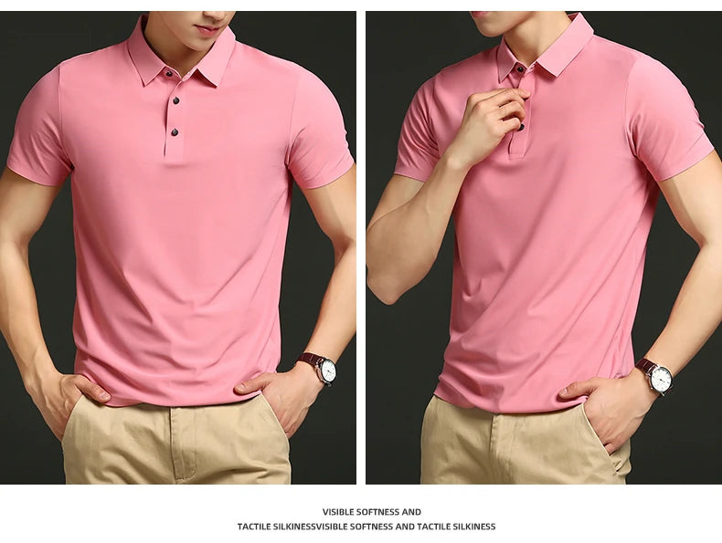 Camisa polo masculina de malha fina: elástica, respirável, polo com lapela casual