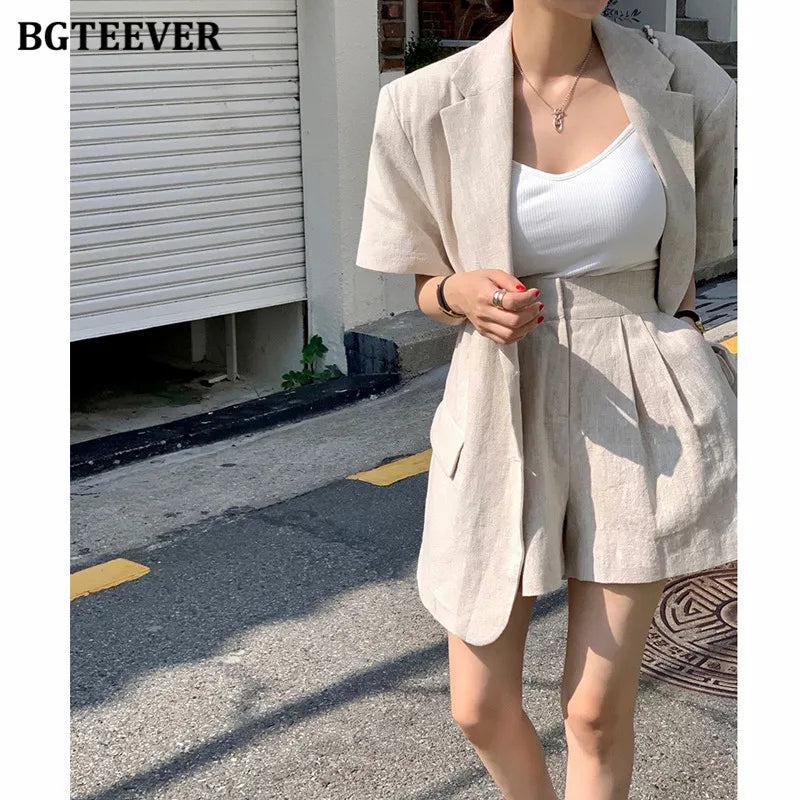 Conjunto de 2 peças feminino: jaqueta de manga curta, single breasted, shorts de perna larga, solto, casual