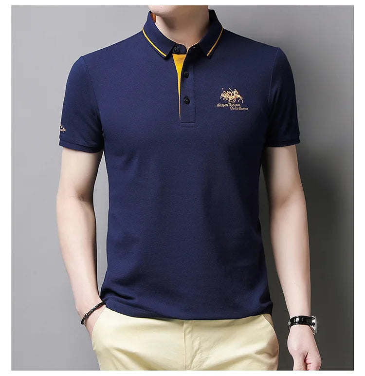 Camisa polo masculina: bordada, em algodão de luxo, casual com lapela e manga curta
