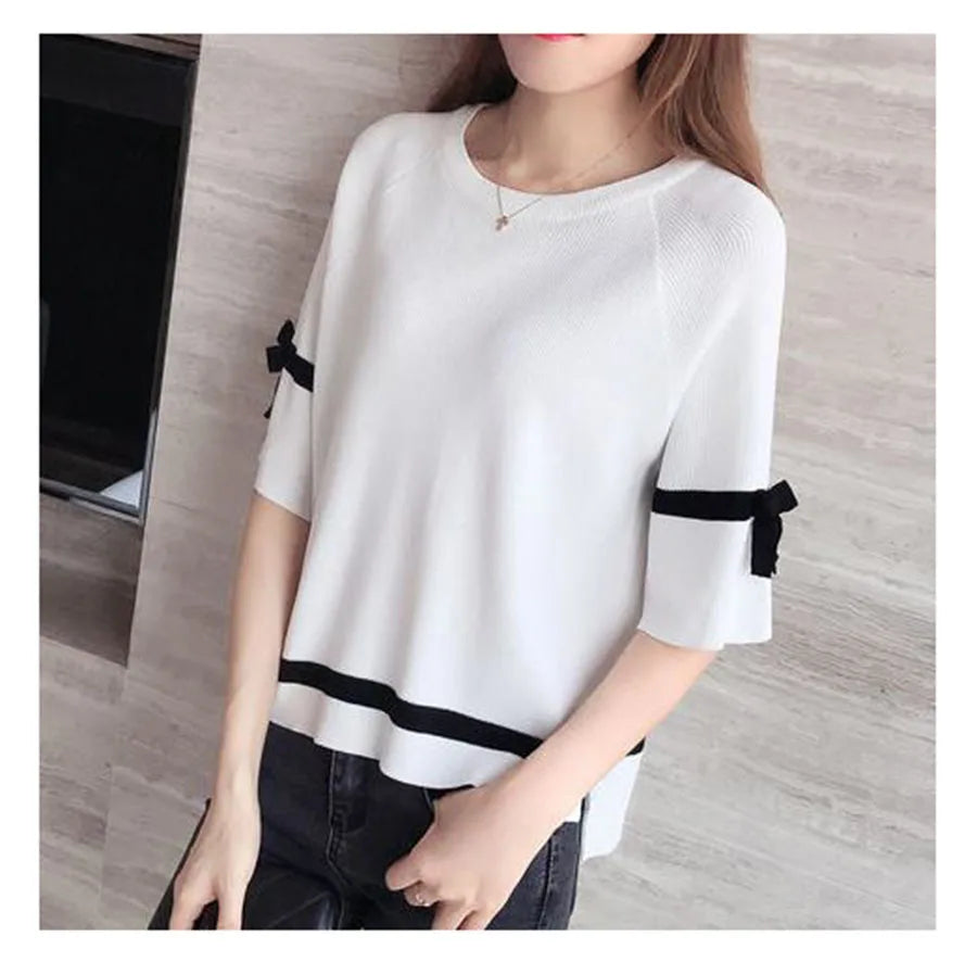 Oversize Knit Women Three Quarter T-Shirt Top Summer Causal Elegant Short Sleeve Camisetas Korean Fashion Loose Knitwear Tee New