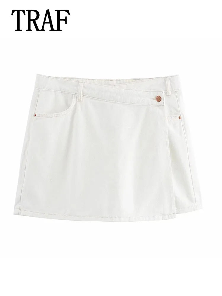 Conjuntos femininos em jeans: camisa gola com manga curta e bolso decoração + shorts cintura média assimétrico