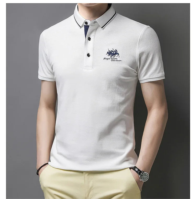 Camisa polo masculina: bordada, em algodão de luxo, casual com lapela e manga curta