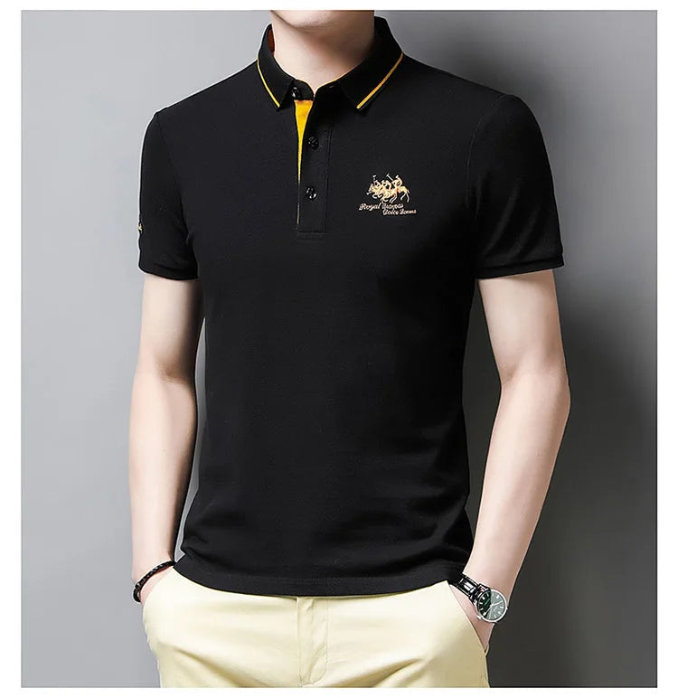 Camisa polo masculina: bordada, em algodão de luxo, casual com lapela e manga curta