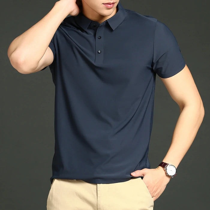 Camisa polo masculina de malha fina: elástica, respirável, polo com lapela casual