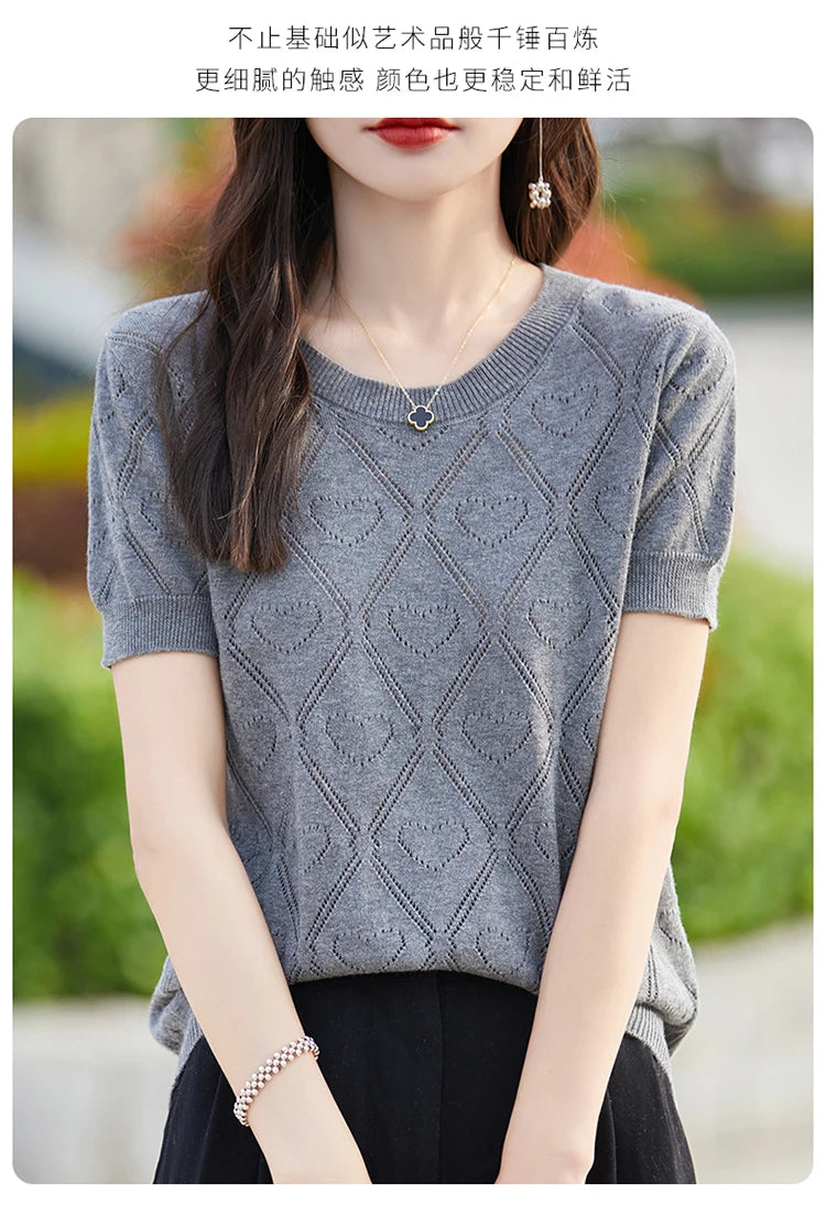 New Summer Fashion 100% Pure Cotton Women's Sweater Short sleeved Casual O-neck Pullover T-shirt Loose Knitted Hollow Top