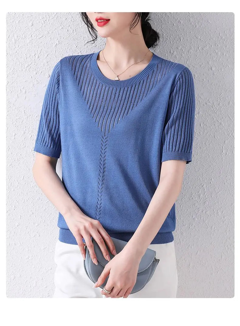 Summer Casual Fashion Hollow Out Solid Color Knitting T-shirt Ladies Short Sleeve Loose All-match Tee Women Simple Pullover Top