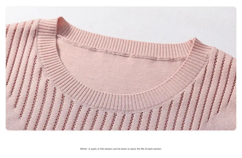Summer Casual Fashion Hollow Out Solid Color Knitting T-shirt Ladies Short Sleeve Loose All-match Tee Women Simple Pullover Top