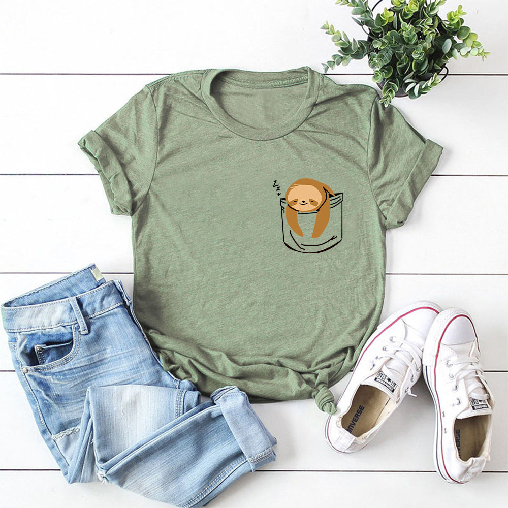 JFUNCY Short Sleeve Tee Women Top Oversized Cotton T-Shirt Female Summer Clothes Cute Sloth Pocket Graphic 2024 Women's T Shirts