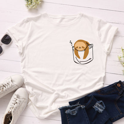 JFUNCY Short Sleeve Tee Women Top Oversized Cotton T-Shirt Female Summer Clothes Cute Sloth Pocket Graphic 2024 Women's T Shirts