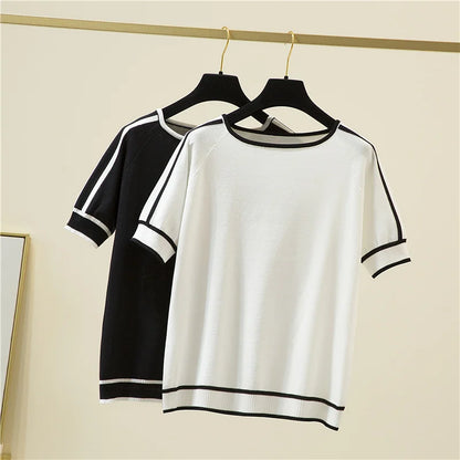 Camisetas Mujer New Thin Knitted T Shirt Women Short Sleeve Summer Tops Woman Clothes Striped Fashion T-Shirt Tee Shirt Femme