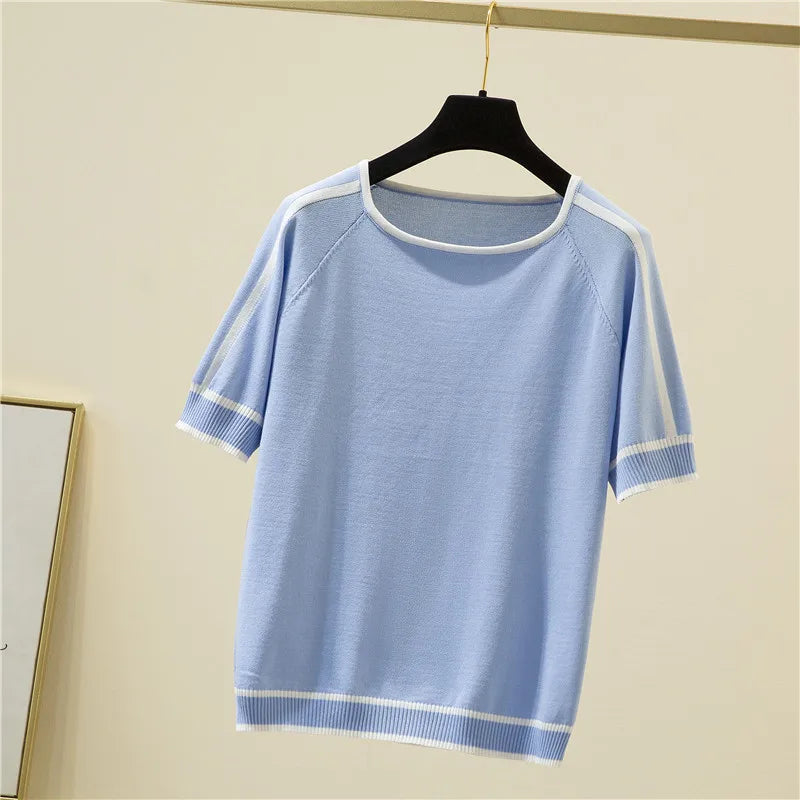 Camisetas Mujer New Thin Knitted T Shirt Women Short Sleeve Summer Tops Woman Clothes Striped Fashion T-Shirt Tee Shirt Femme