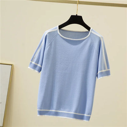 Camisetas Mujer New Thin Knitted T Shirt Women Short Sleeve Summer Tops Woman Clothes Striped Fashion T-Shirt Tee Shirt Femme
