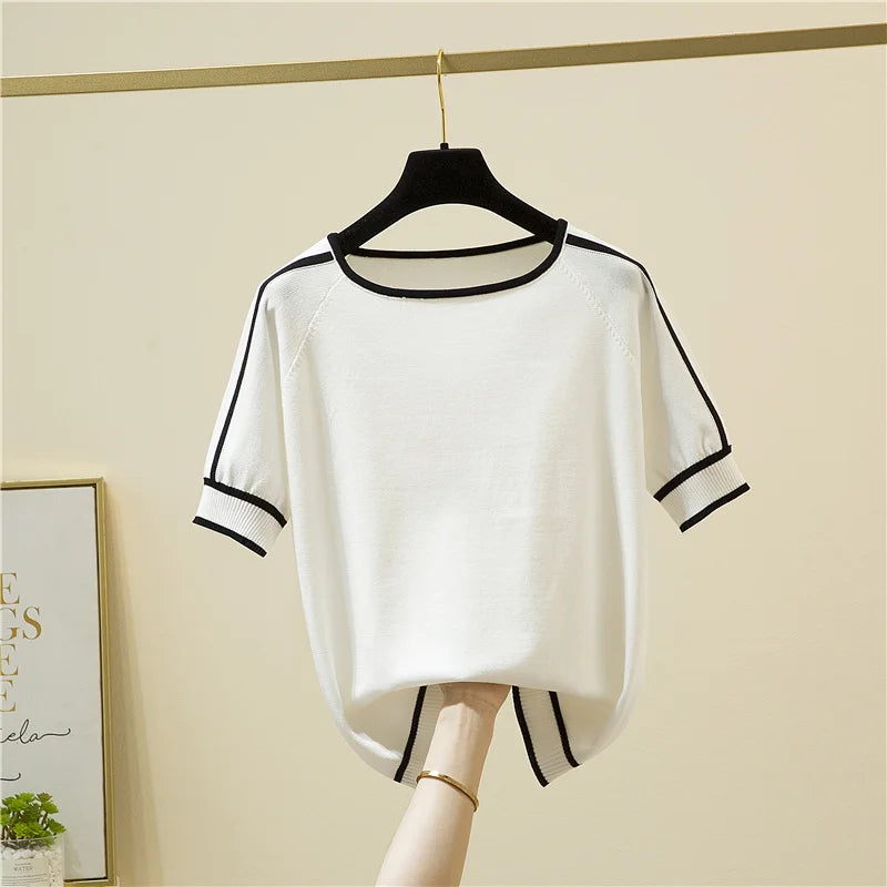 Camisetas Mujer New Thin Knitted T Shirt Women Short Sleeve Summer Tops Woman Clothes Striped Fashion T-Shirt Tee Shirt Femme