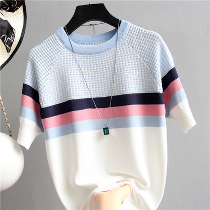 Camisetas Mujer New Thin Knitted T Shirt Women Short Sleeve Summer Tops Woman Clothes Striped Fashion T-Shirt Tee Shirt Femme
