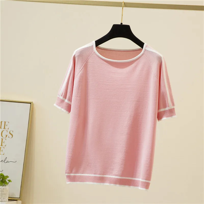 Camisetas Mujer New Thin Knitted T Shirt Women Short Sleeve Summer Tops Woman Clothes Striped Fashion T-Shirt Tee Shirt Femme